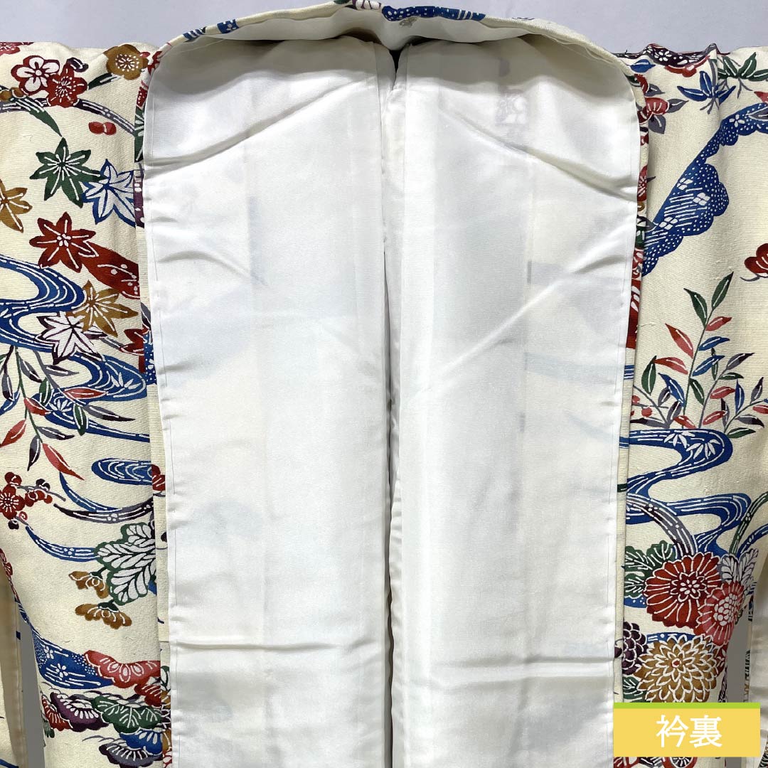 Komon (small pattern) kimono, pure silk, length 164cm, sleeve length 63.5cm, lined, light egg-colored (usutamagoiro) stencil-dyed, Chayatsuji, tsumugi fabric, S rank, cream, product number 1115006172415