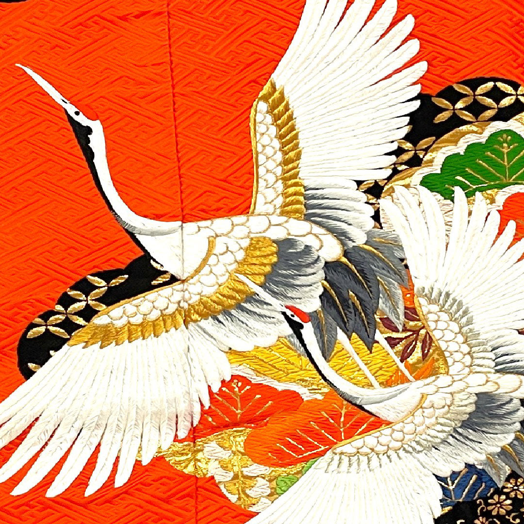 色打掛 身丈186cm 紗綾形 鶴 松 正絹 Sランク 袷 赤系 1110000112812