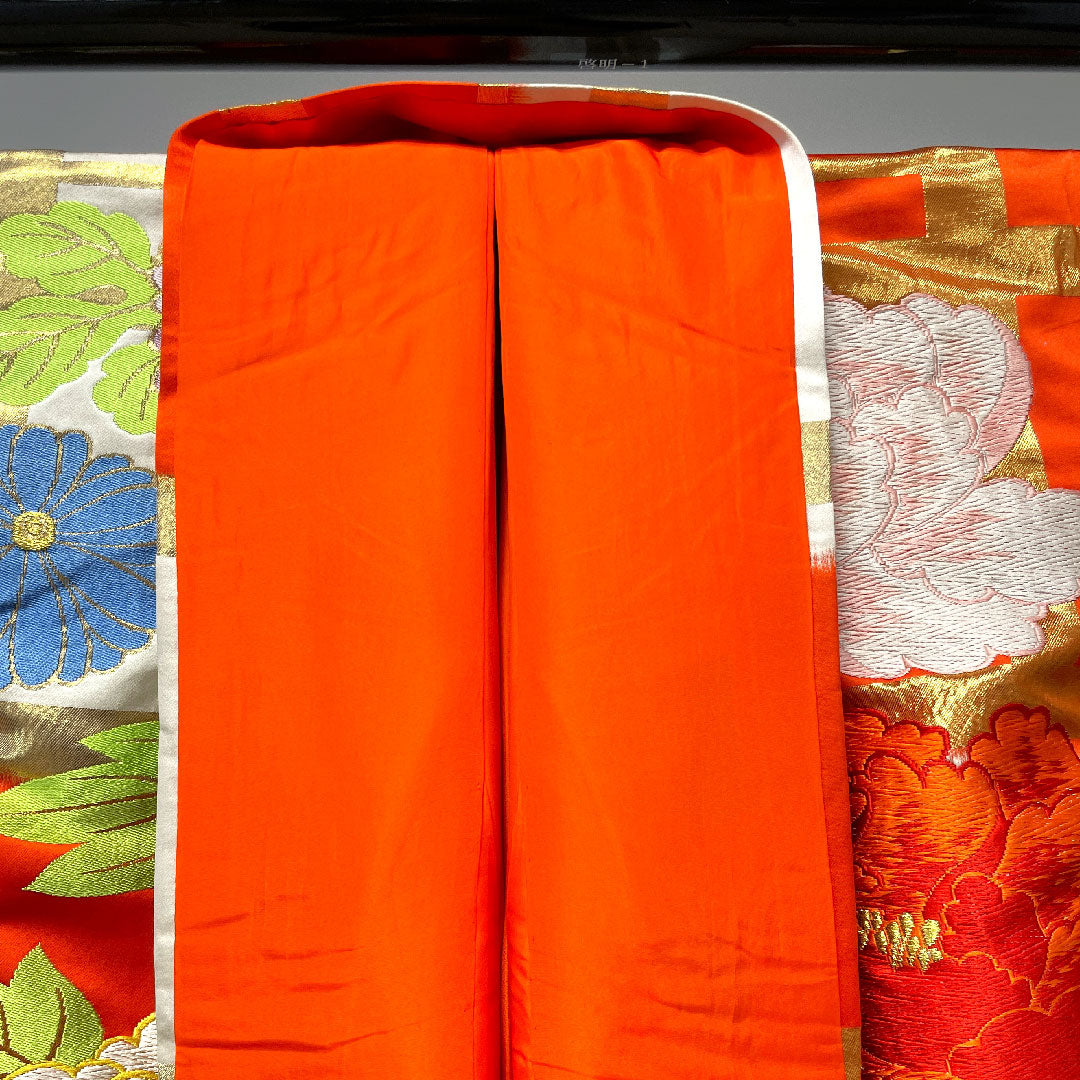 色打掛 身丈185cm 緋色 市松 花模様 正絹 Aランク 袷 朱系 1110000493916