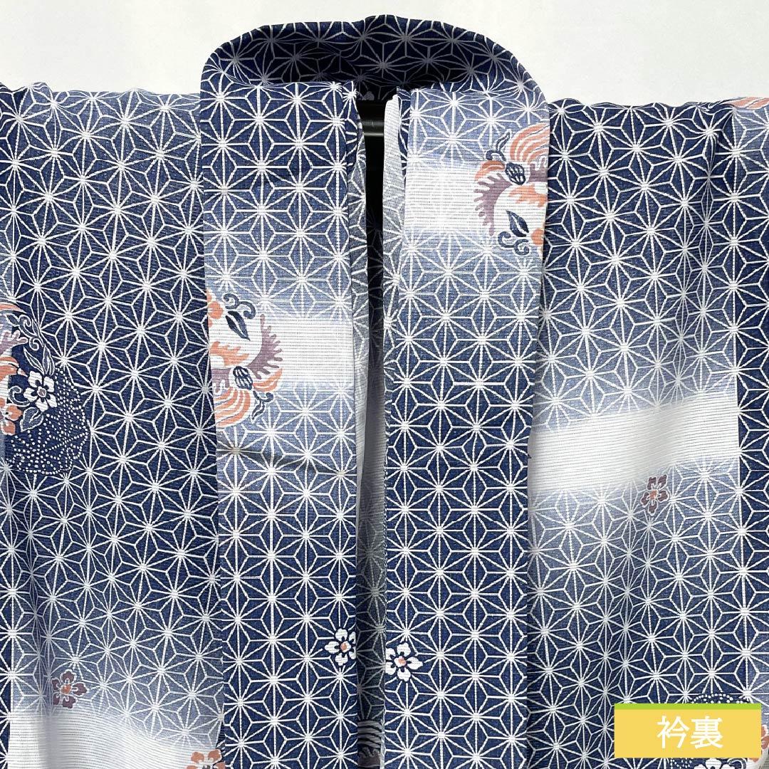 夏物 ポリエステル 小紋 身丈149cm 裄丈62cm 鉄蒲萄色(てつぶどういろ) 麻の葉 古典柄 洗える着物 絽 Aランク 紺系 1132002633118