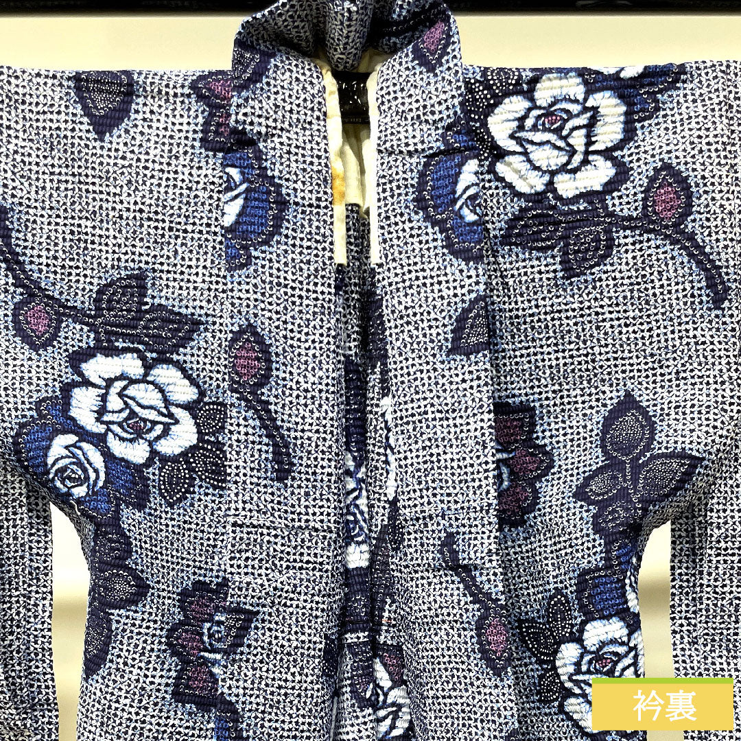 浴衣 木綿 身丈155cm 裄丈63cm Aランク 単衣 紺系 濃紺色(のうこんいろ) リップル 薔薇 1118004582318