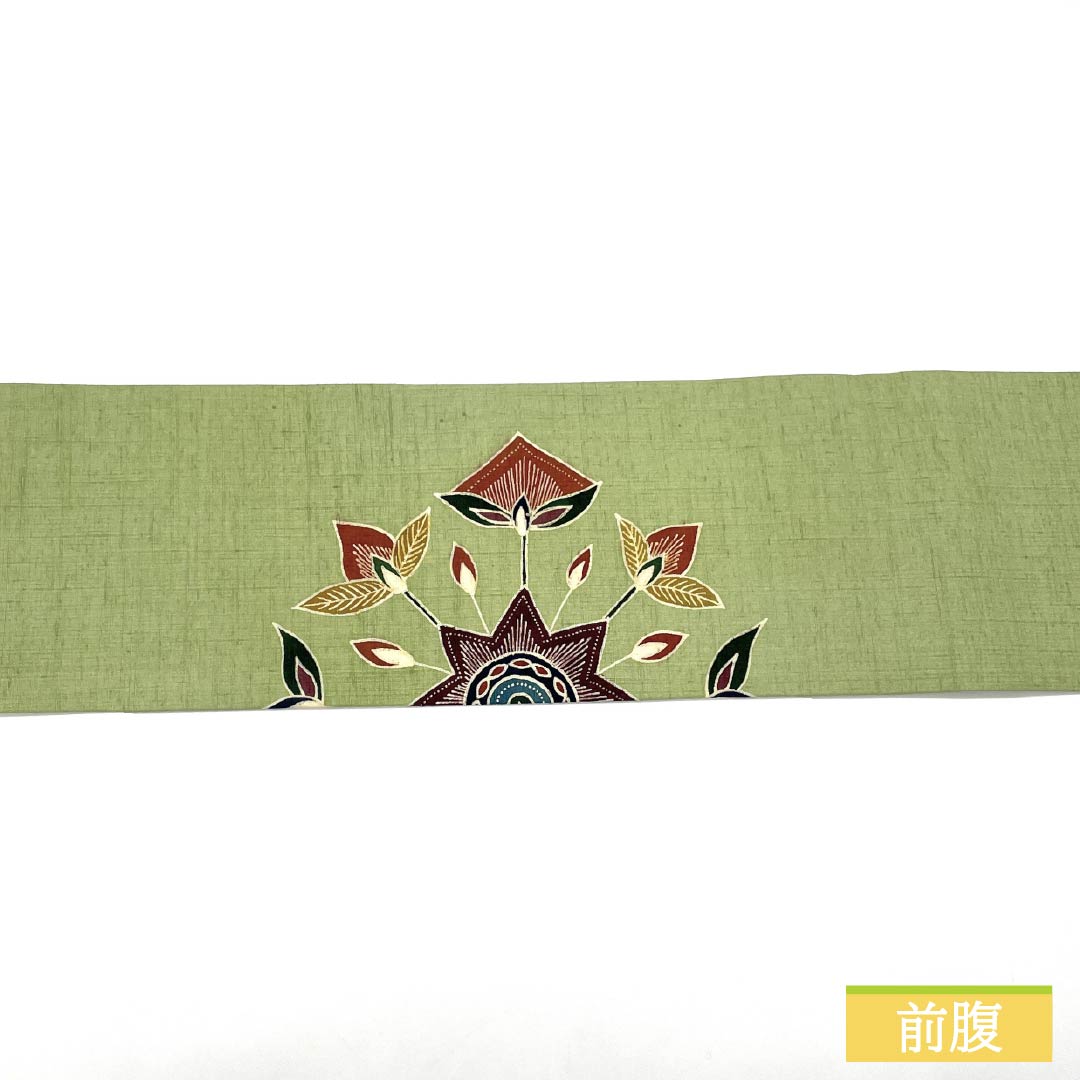 名古屋帯 正絹 Sランク 浅藍色(あさきあいいろ) 型染 抽象花 唐草 帯丈364cm ポイント柄 カジュアル 緑系 1124010422319 名古屋仕立て