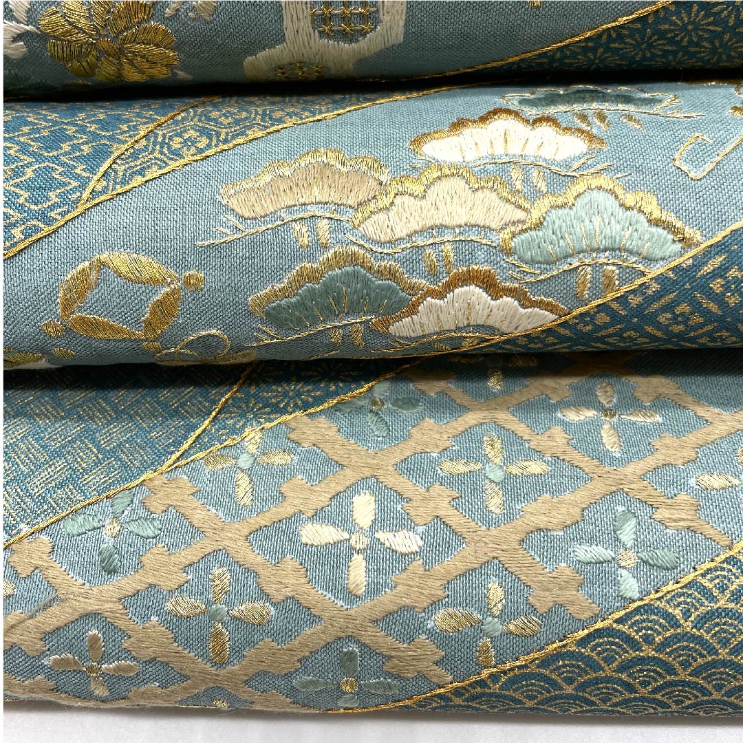 袋帯 藍砥茶色(あいとのちゃいろ) 刺繍 吉祥文様 宝巻 花唐草 帯丈430cm 正絹 Sランク 六通 フォーマル 緑系 1123008142319