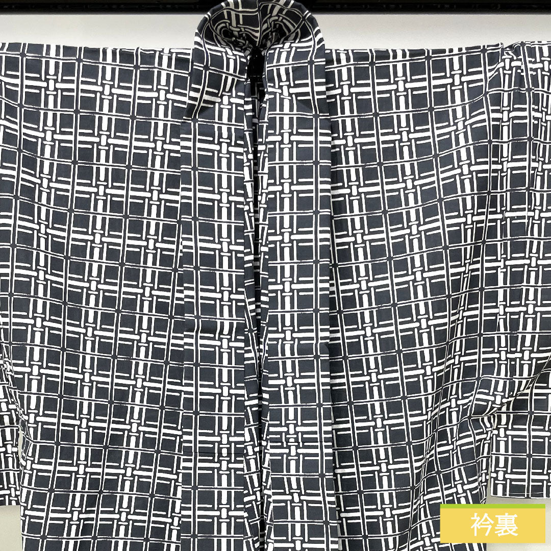 Yukata Cotton Length 148cm Sleeve length 71cm S rank Single layer Gray Ink color (sumiiro) Men's Check pattern 1118005102422