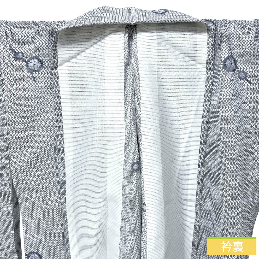夏物 ポリエステル 小紋 Sランク 身丈161.5cm 裄丈67cm 白銅色(はくどういろ) 小花 洗える着物 絽 グレー系 1132005222422