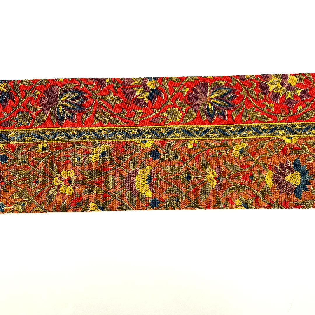 名古屋帯 縮緬 縞 花更紗模様 帯丈345cm 正絹 Sランク 全通 カジュアル 茶系 1124001722314 名古屋仕立て