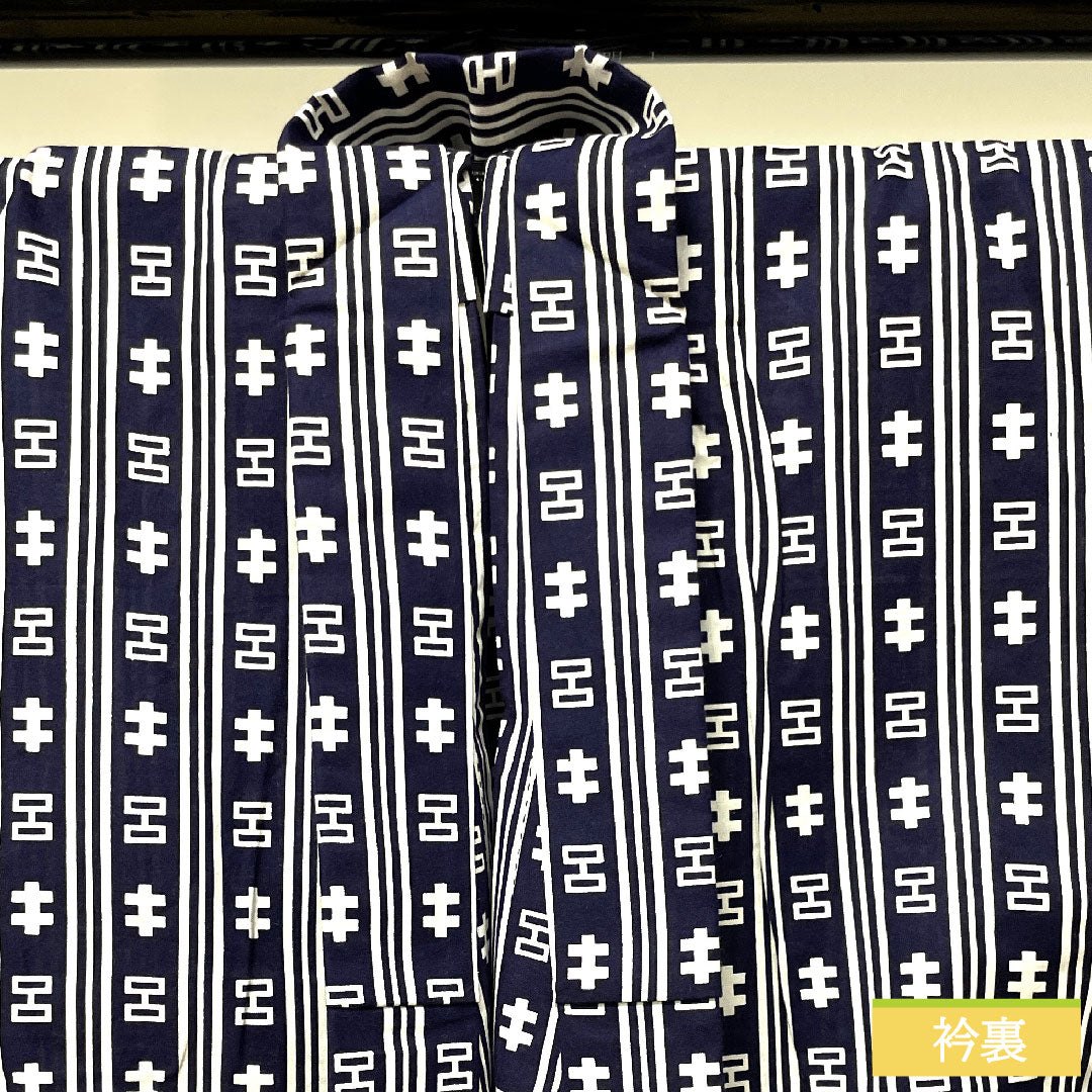 浴衣 木綿 身丈144.5cm 裄丈67cm Sランク 単衣 紺系 濃紺色(のうこんいろ) 男物 幾何学模様 1118004932418