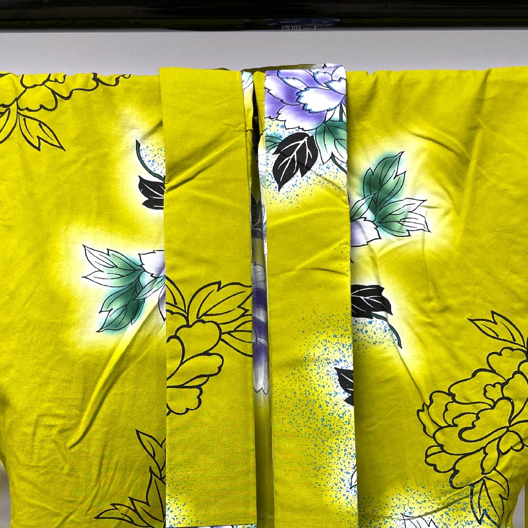 浴衣 刈安色 牡丹 木綿 Sランク 単衣 身丈156.5cm 裄丈65.5cm 黄系 1118004352323