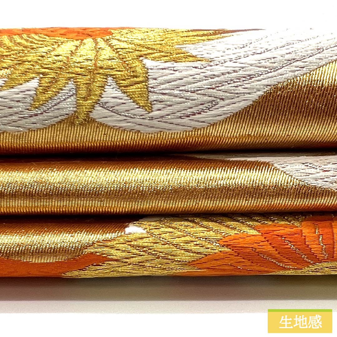 袋帯 正絹 赤橙色(あかだいだいいろ) 振袖用 あすか錦 純金箔 24K 帯丈420cm Sランク 六通 フォーマル 橙系 1123013782326
