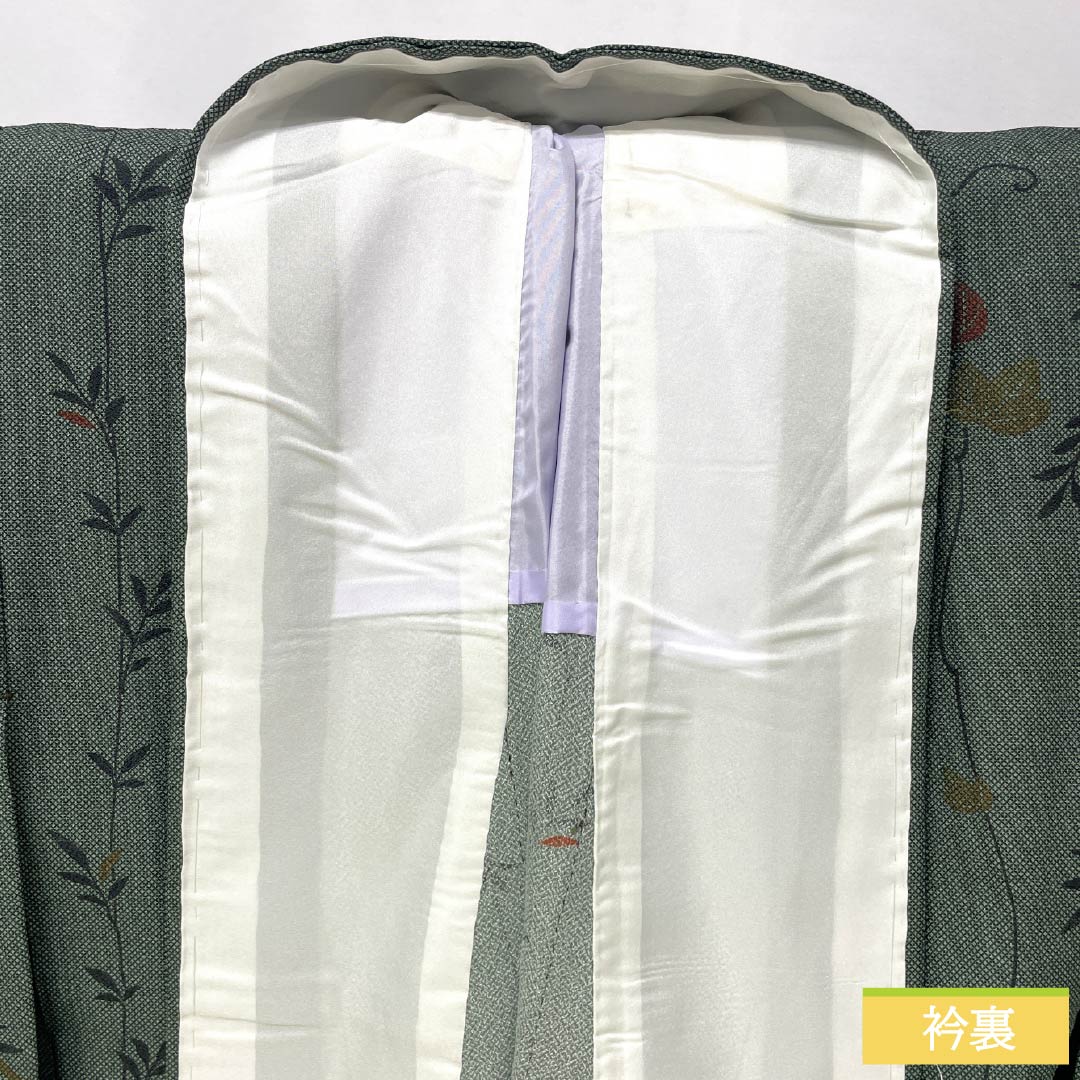 Komon Polyester S-rank length 164.5cm sleeve length 62cm unlined Shima-matsunezu-iro (dark gray with a hint of green) stenciled grass and leaves, with hip lining, green family 1115007992419