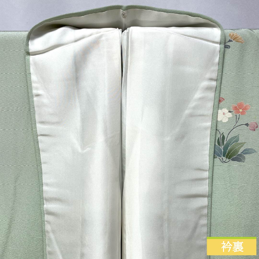 訪問着 正絹 Bランク 袷 身丈165cm 裄丈65.5cm 薄緑色(うすみどりいろ) 花 作家物 周市 しつけ糸付き 緑系 1112006974519