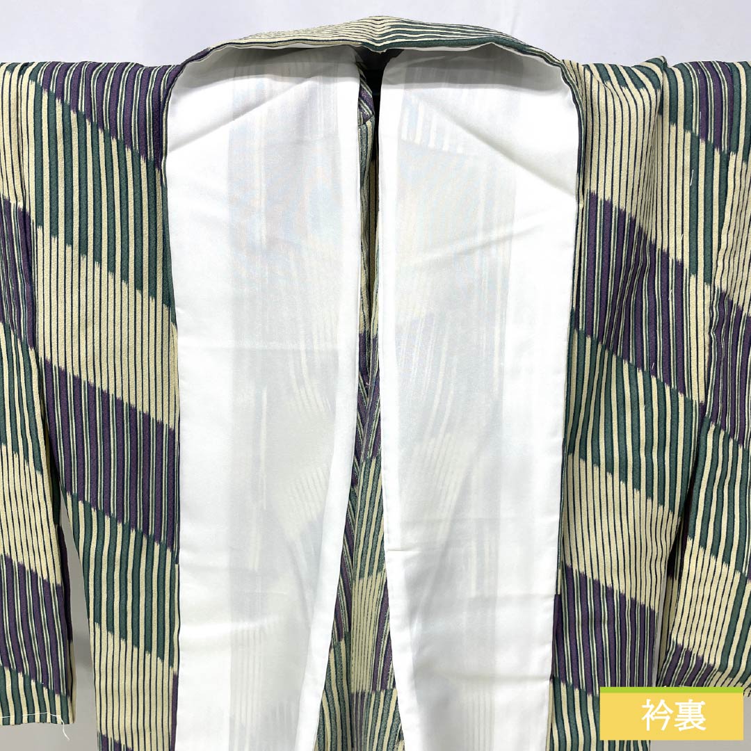 Polyester Komon, Rank S, Length 161cm, Sleeve-to-shoulder 65.5cm, Unlined, Light Yellow Ochre, Stenciled, Stripes, Diagonal Ichimatsu, Washable Kimono, Yellow-based, 1115008012423