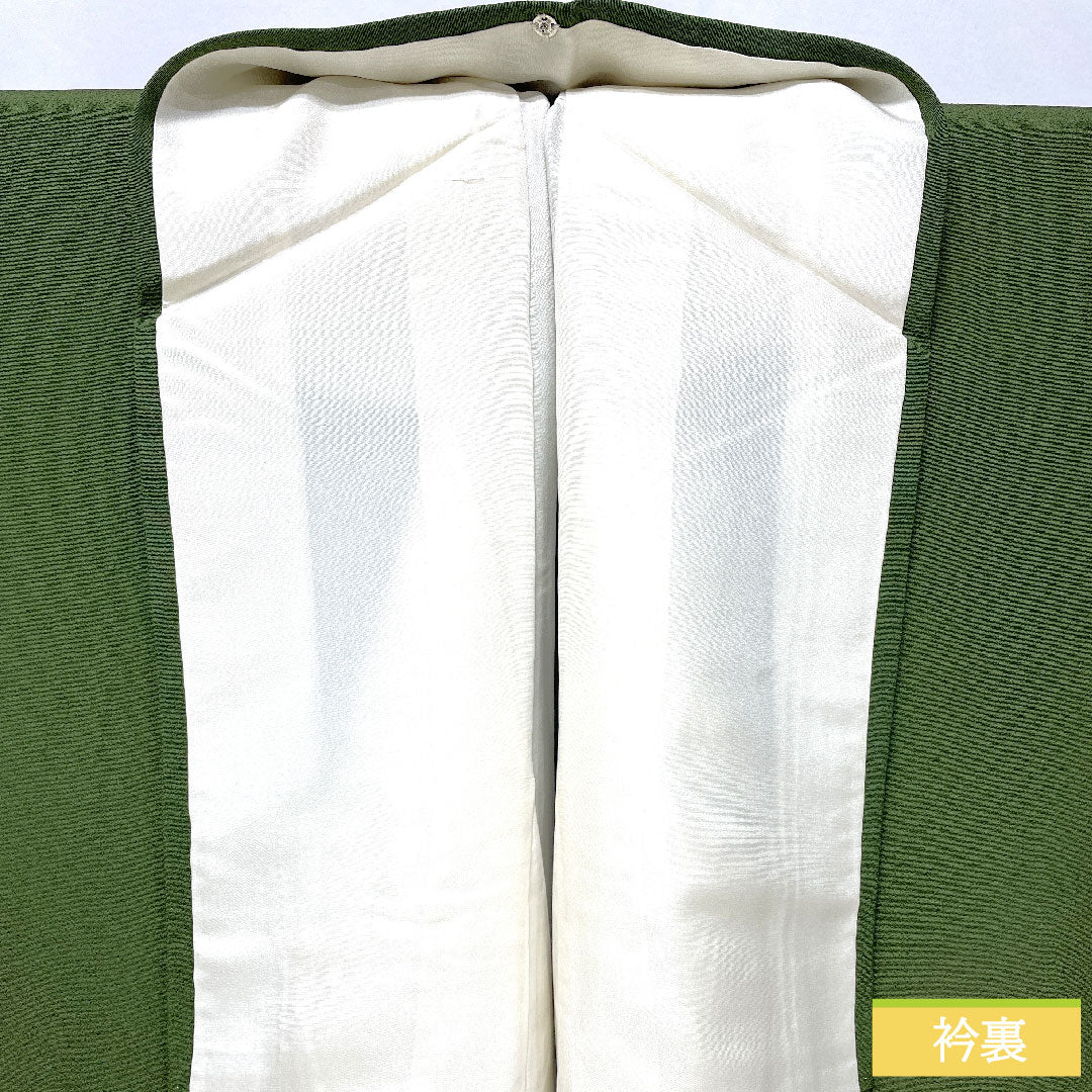 色無地 正絹 身丈157.5cm 裄丈67cm 青丹色(あおにいろ) 素無地 一つ紋 糸輪に違い鷹の羽 袷 Aランク 緑系 1114002113319