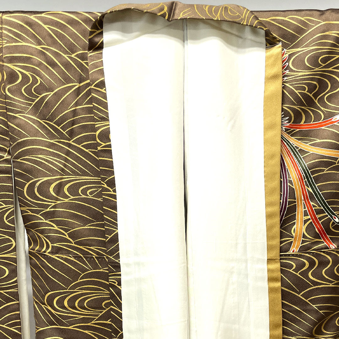 Long-sleeved kimono, length 157.5cm, sleeve length 65cm, lined, dark brown, Kyoto Yuzen, phoenix, thread wrapping, waves, pure silk, A rank, brown, 1113001543314