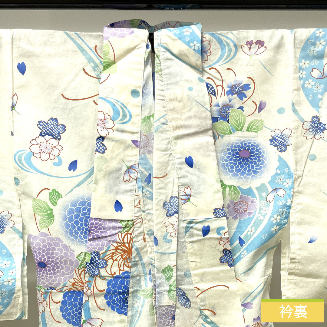 Yukata Cotton Length 164cm Sleeve length 66cm S rank Single layer White Cherry blossom Chrysanthemum 1118004672411
