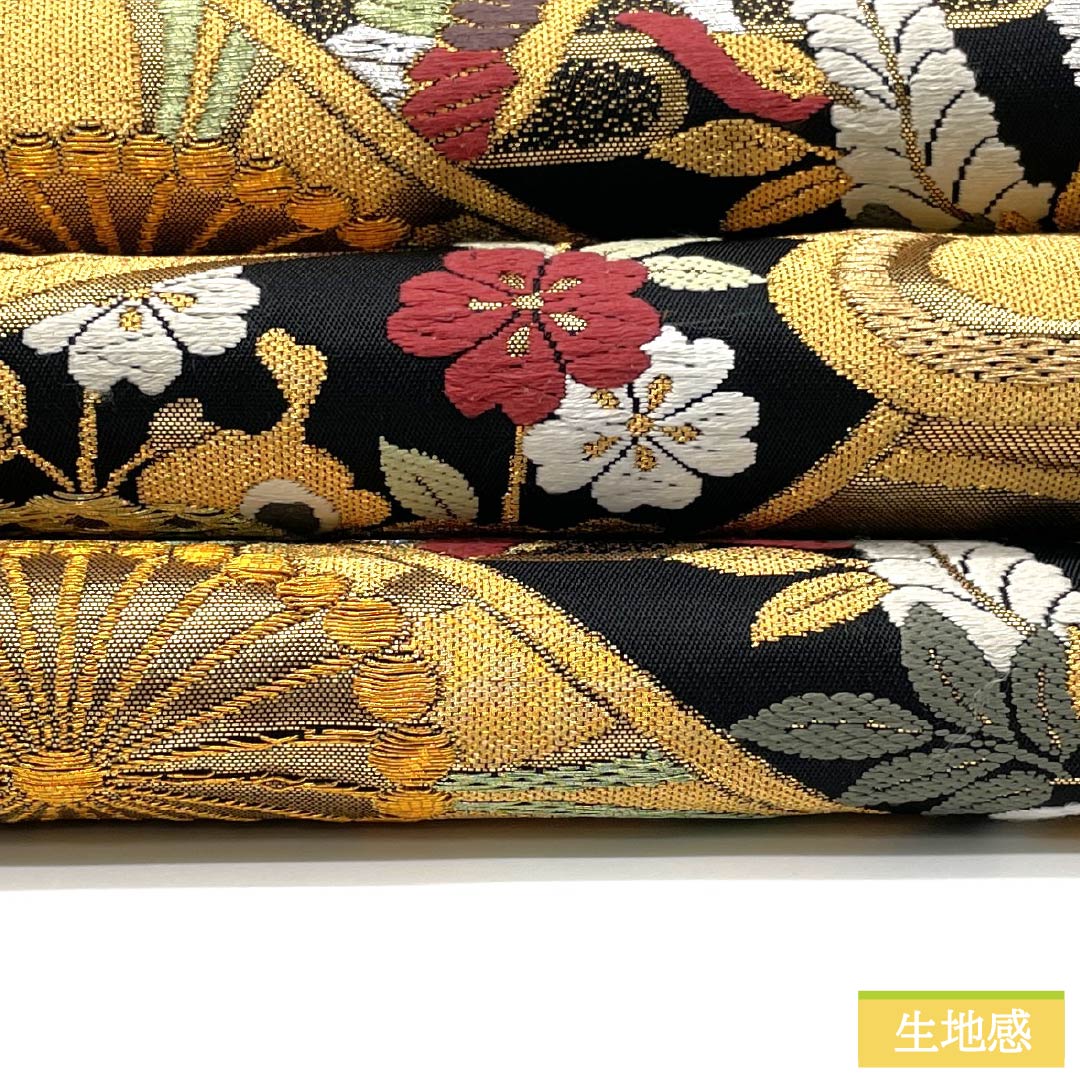 袋帯 正絹 Sランク 古典柄 振袖用 源氏車 鳳凰 桜 帯丈438cm 全通 フォーマル 金系 1123015812321
