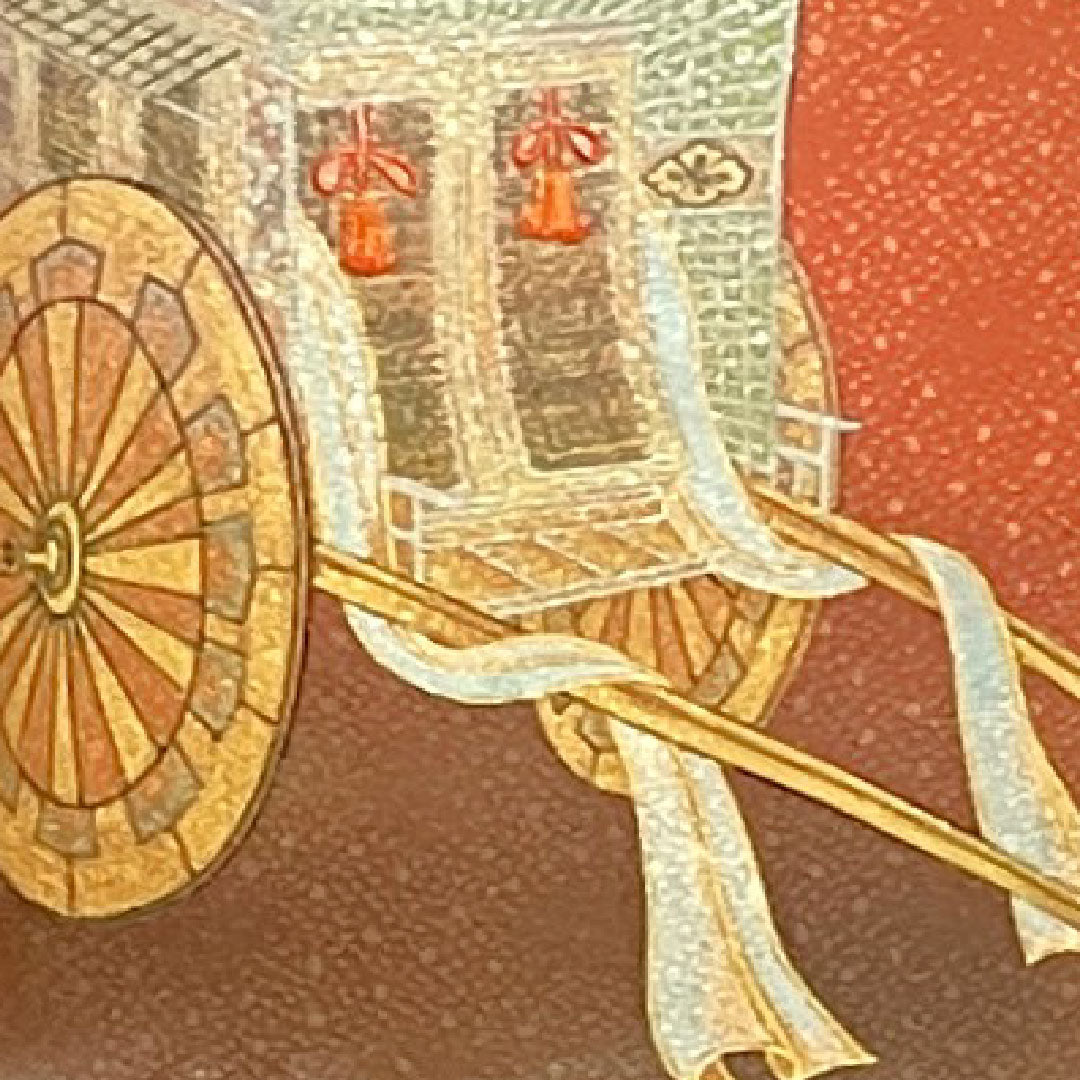 訪問着 袷 身丈161cm 裄丈63cm 中紅色 人間国宝 福田喜重 刺繍 御所車 正絹 Sランク 赤系 1112001882412