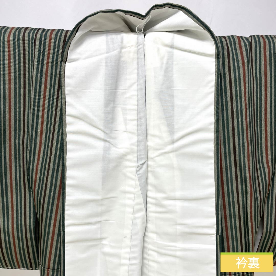 小紋 正絹 Sランク 身丈152cm 裄丈64.5cm 袷 利休鼠色(りきゅうねずみいろ) 縞 しつけ糸付き 緑系 1115007682219