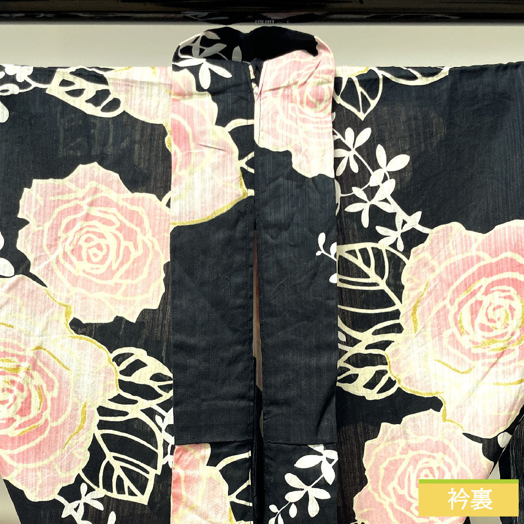 Yukata Cotton Length 166cm Sleeve length 65cm S rank Single layer Black Rose 1118004562510