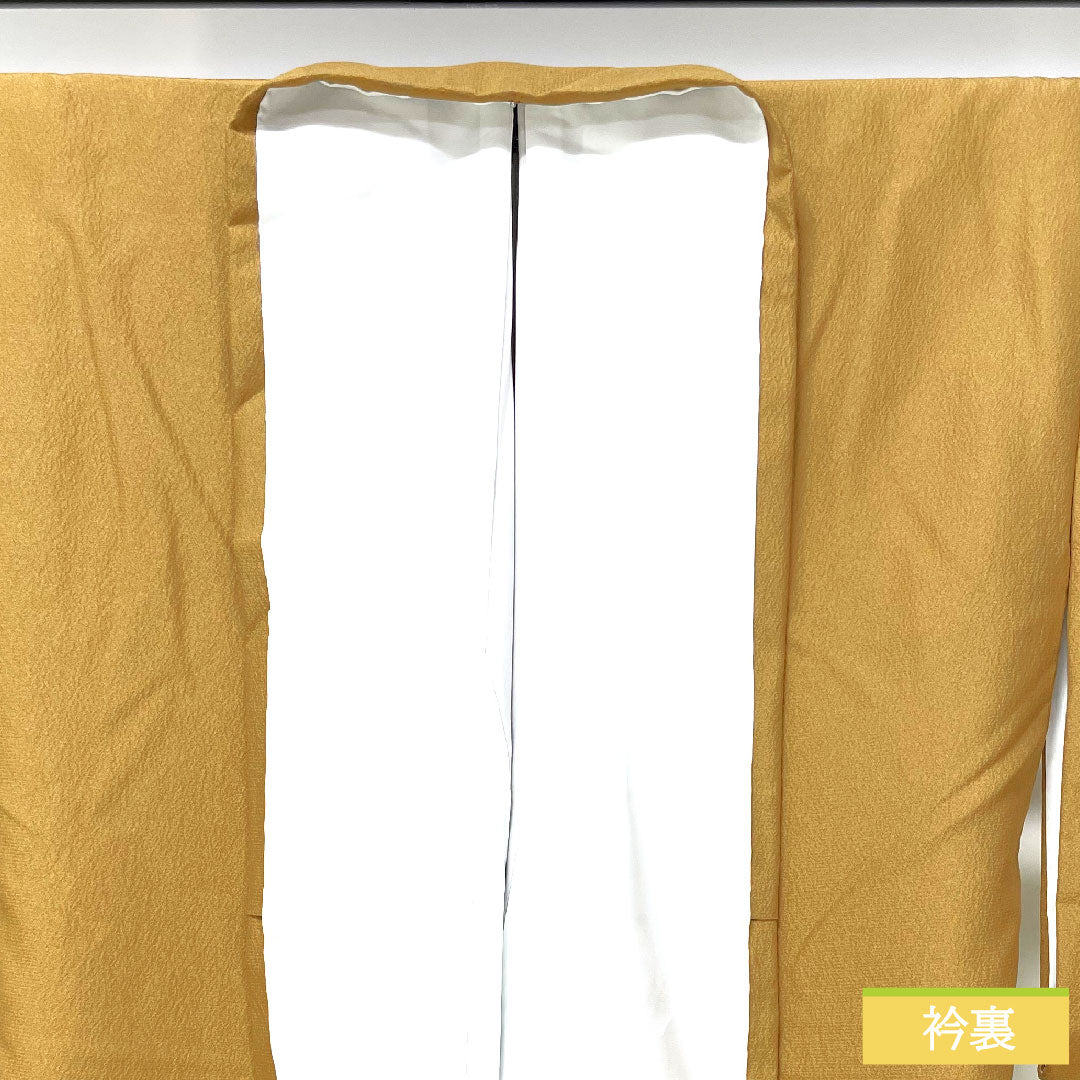 色無地 ポリエステル 身丈162cm 裄丈66.5cm 黄土色(おうどいろ) 洗える着物 素無地 袷 Sランク 黄系 1114001532423