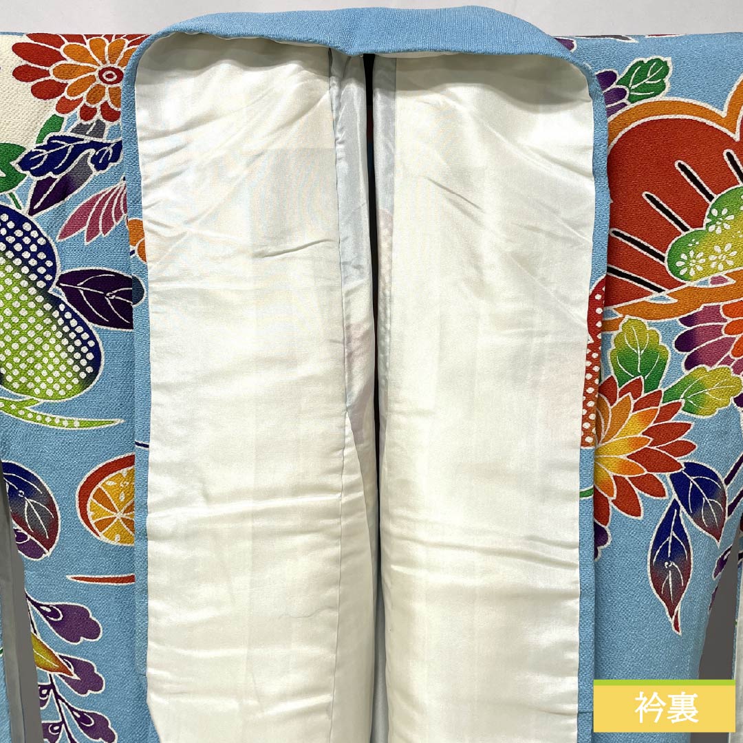 振袖 正絹 Aランク 身丈166.5cm 裄丈64.5cm 袷 水色(みずいろ) 京紅型 ちりめん地 吉祥文様 梅 松 水色系 1113002543524