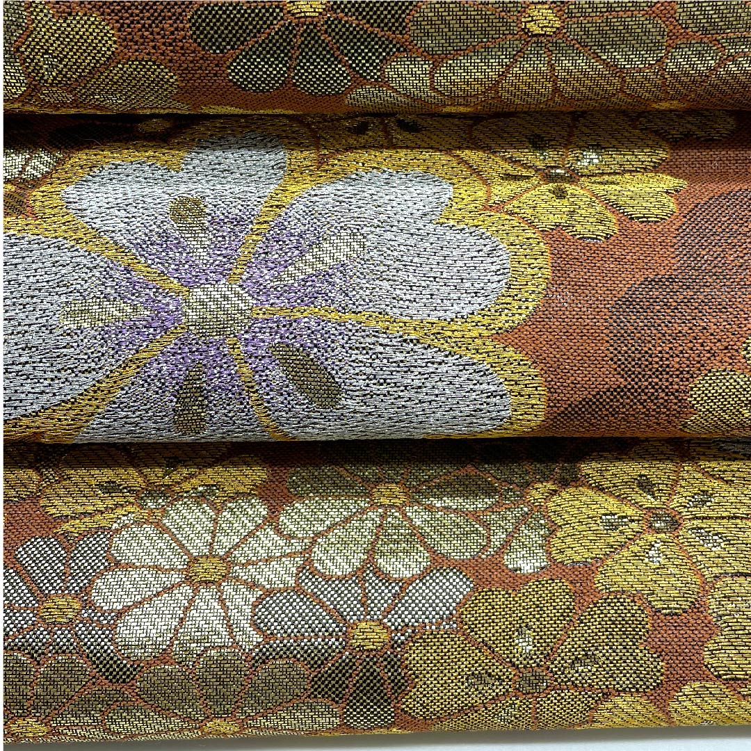 袋帯 雀色(すずめいろ) 小花 帯丈427cm 正絹 Sランク 六通 フォーマル 茶系 1123008382314