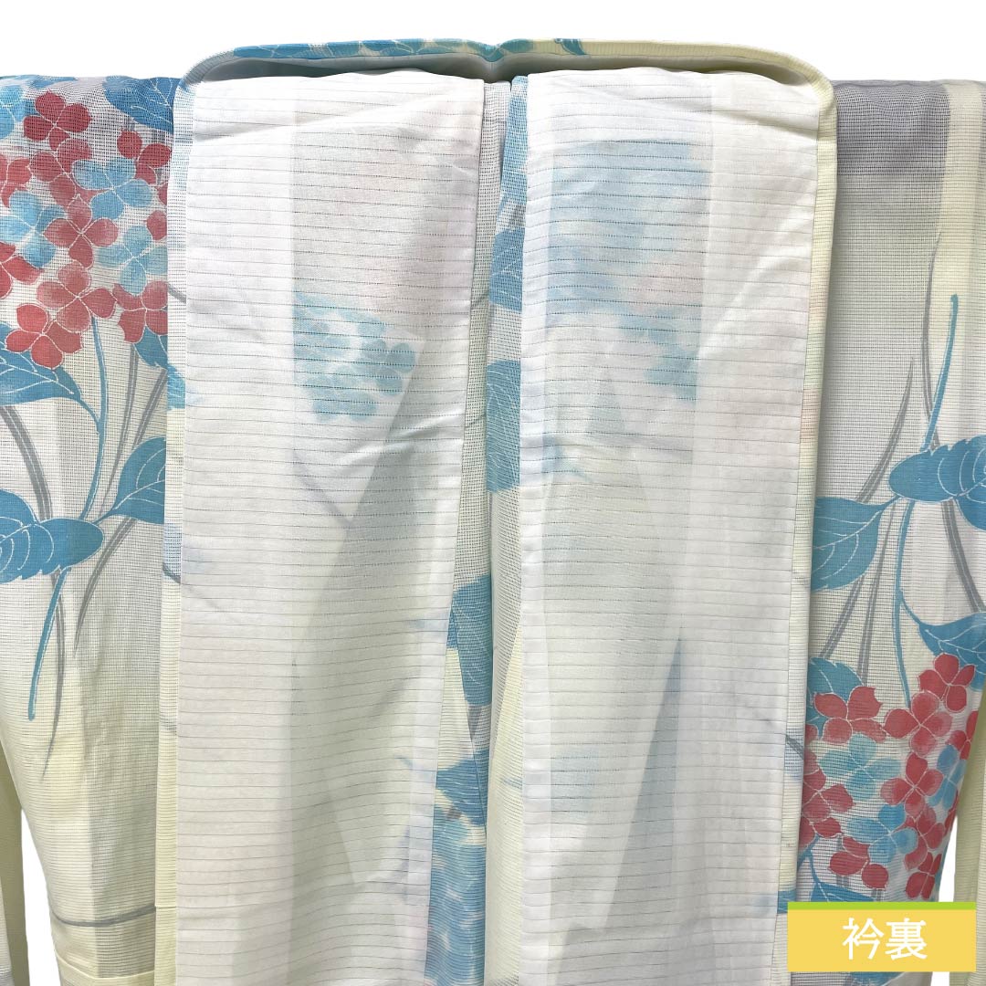 夏物 ポリエステル 小紋 Aランク 身丈159.5cm 裄丈63cm タタキ染 型染 紫陽花 洗える着物 絽 黄系 1132004943323