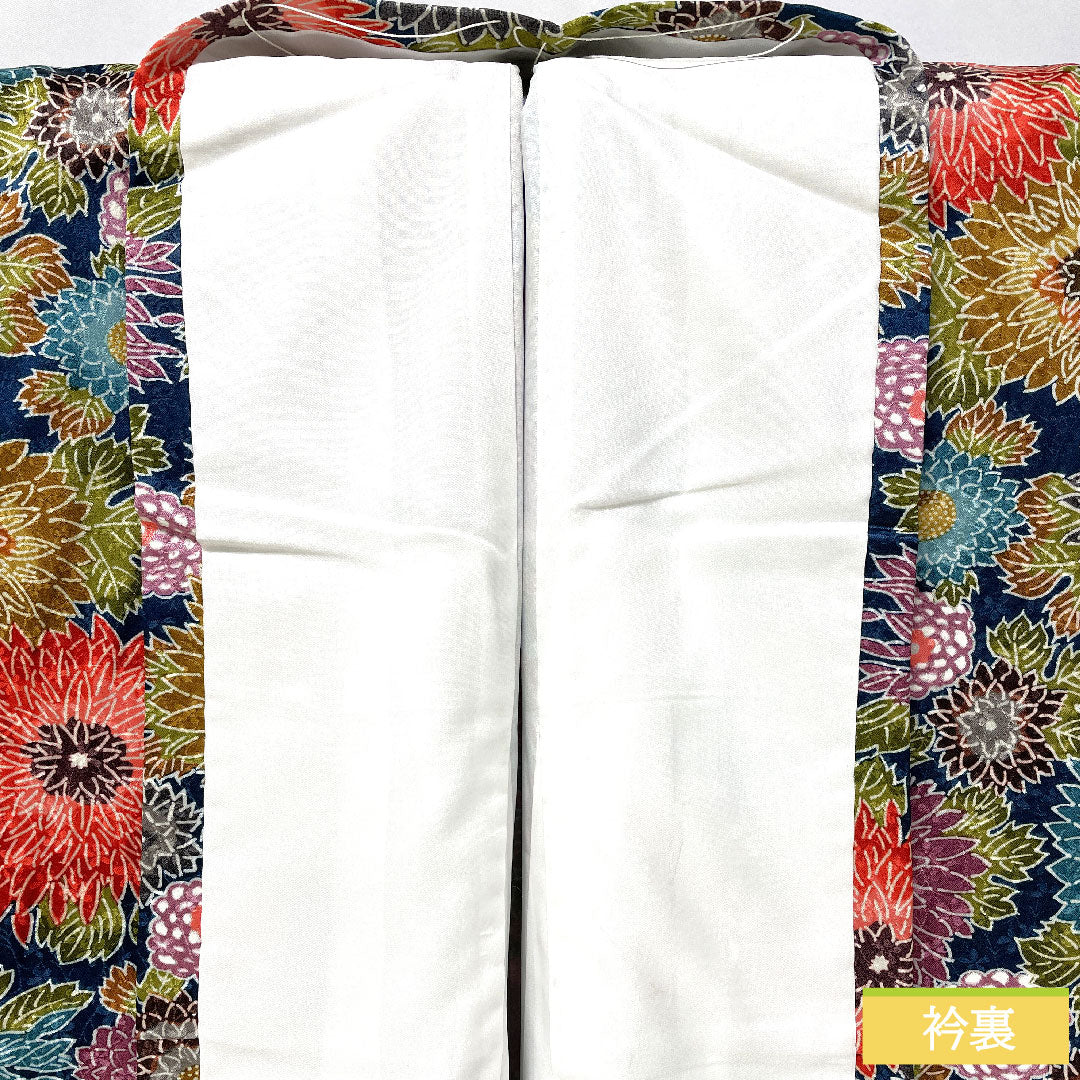 小紋 ポリエステル 身丈161.5cm 裄丈62cm 袷 青藍色(せいらんいろ) 洗える着物 菊 しつけ糸付き Sランク 紺系 1115004522418