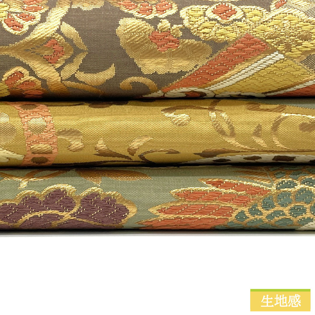 袋帯 正絹 Aランク 楊梅色(やまももいろ) 西陣織 吉祥文様 帯丈432cm 六通 フォーマル 黄系 1123016943323