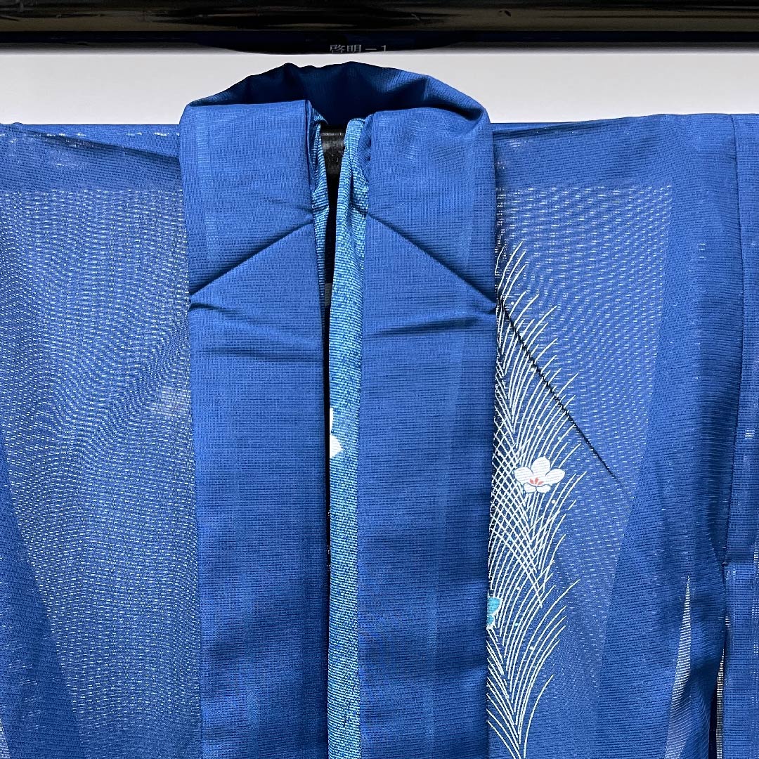 Summer polyester formal kimono, length 148.5cm, sleeve length 62.5cm, indigo blue, floral pattern, silk, S rank, navy blue, 1132000322118