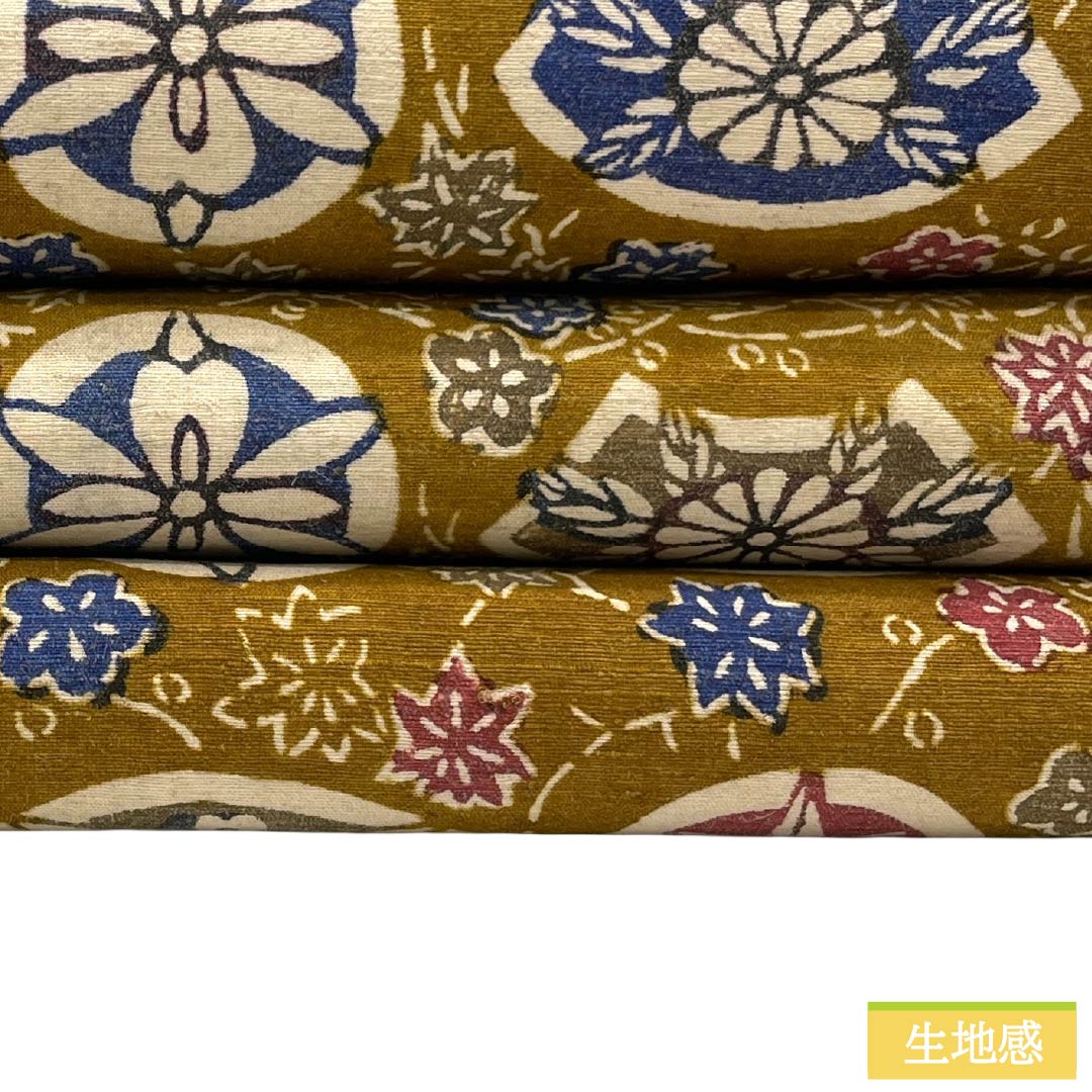 名古屋帯 正絹 Sランク 開き仕立て 黄茶色(きちゃいろ) 型染 古典柄 草木染 帯丈342cm 全通 カジュアル 茶系 1124012192314