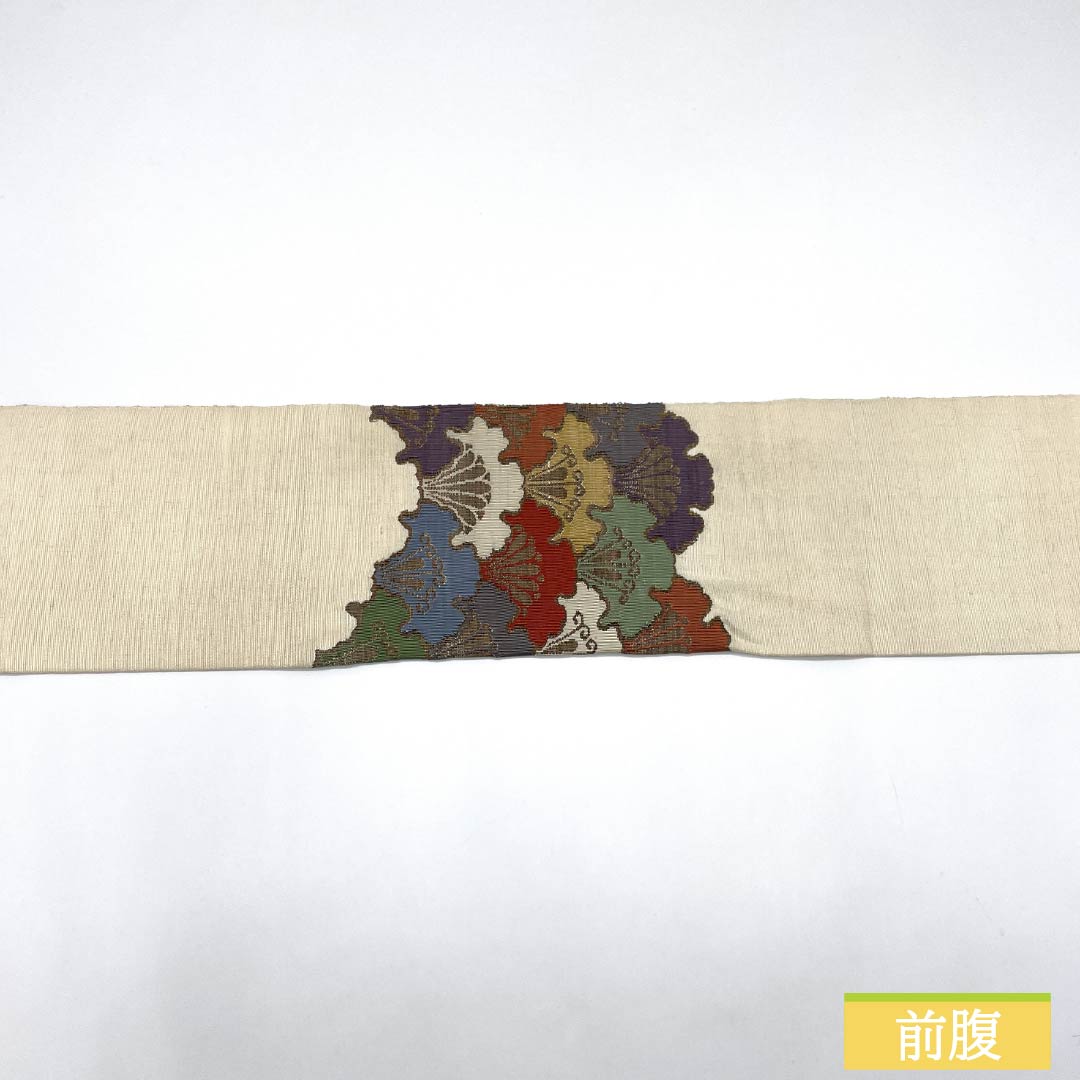 名古屋帯 生成り色(きなりいろ) 紬地 雪輪青海波 帯丈351cm 正絹 Sランク ポイント柄 カジュアル クリーム系 1124008212315 名古屋仕立て