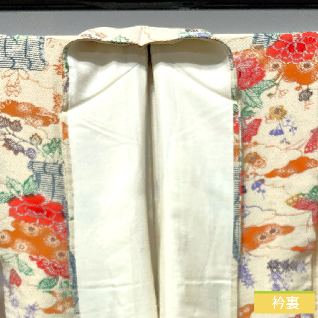小紋 正絹 身丈161.5cm 裄丈65cm 袷 鳥の子色 型染 草花模様 Sランク クリーム系 1115003762415