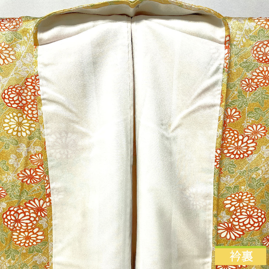 小紋 ポリエステル 身丈159cm 裄丈62cm 袷 支子色(くちなしいろ) 洗える着物 菊 Sランク 黄系 1115004552323