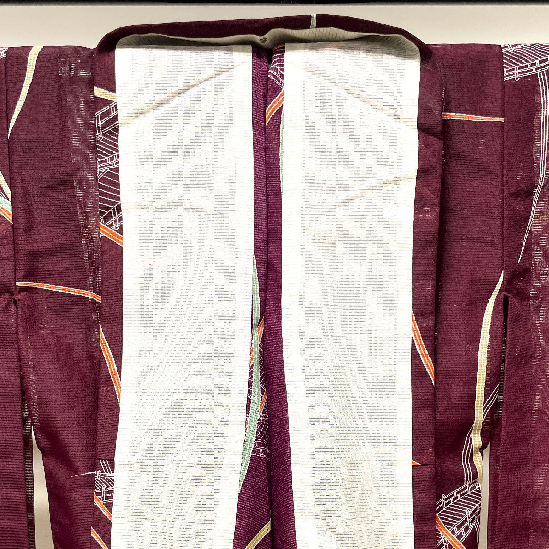 Summer kimono, polyester, small pattern, length 157cm, sleeve length 62cm, light purple, washable kimono, landscape pattern, basting thread included, silk, S rank, purple, 1132001702320