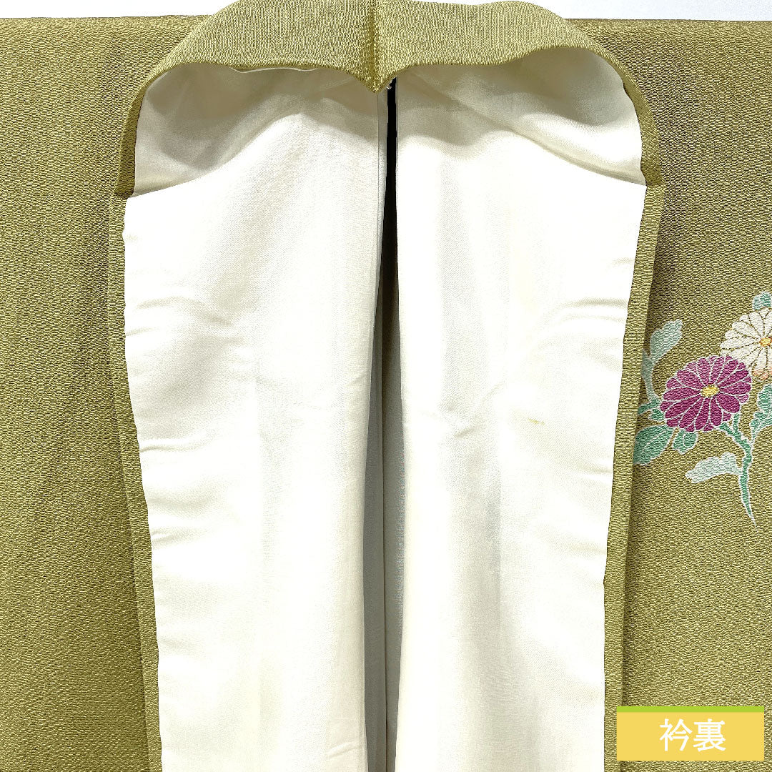 Homongi, pure silk, lined, length 155.5cm, sleeve length 67.5cm, Karakaneiro, Kyoto Yuzen, crepe, floral pattern, A rank, green, 1112005953319