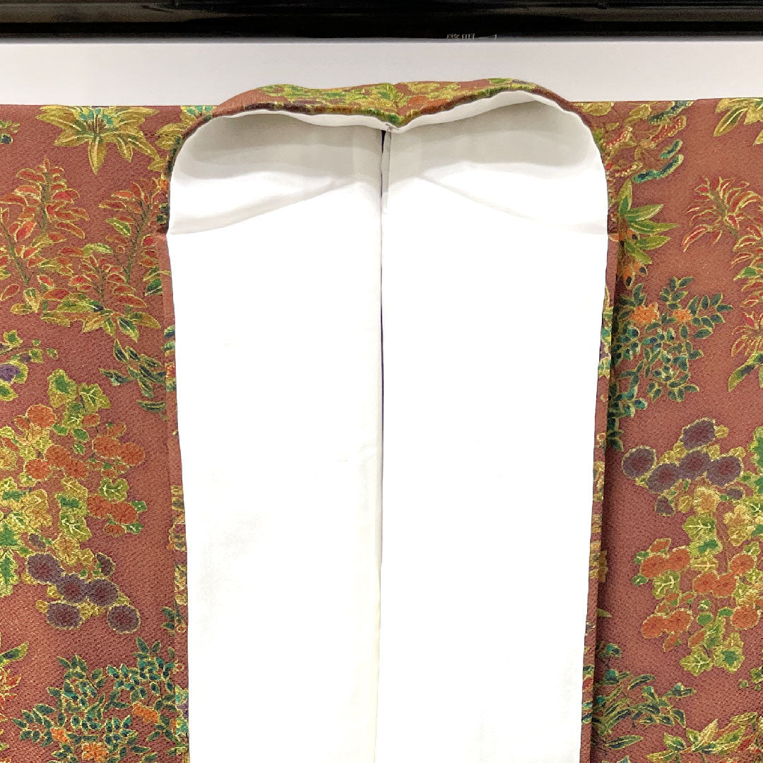 小紋 身丈154.5cm 裄丈61.5cm 袷 錆色 しつけ糸付き 草花模様 正絹 Aランク 茶系 1115003203214