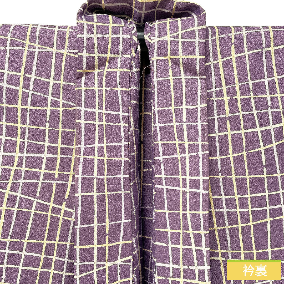 小紋 ポリエステル 身丈159cm 裄丈66cm 単衣 古代紫色(こだいむらさきいろ) 洗える着物 格子 Aランク 紫系 1115004863320