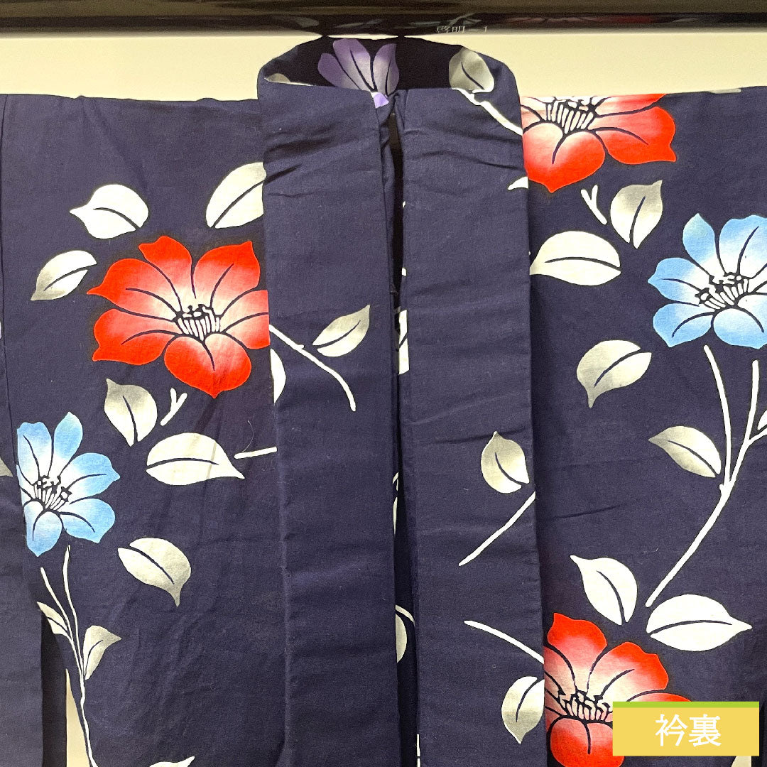浴衣 木綿 身丈157cm 裄丈62.5cm Aランク 単衣 紺系 濃紺色(のうこんいろ) 椿 1118004593318