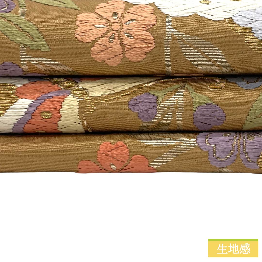 袋帯 正絹 Sランク 丁子色(ちょうじいろ) 唐織 蝶 草花 帯丈420cm 六通 フォーマル 茶系 1123017882314