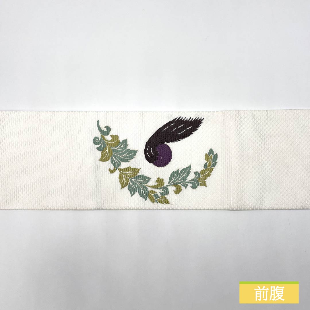 (新品・未使用品)名古屋帯 西陣織 猫 草花模様 新品未使用品 帯丈377cm 正絹 NEWランク ポイント柄 カジュアル 白系 1124007461311 名古屋仕立て