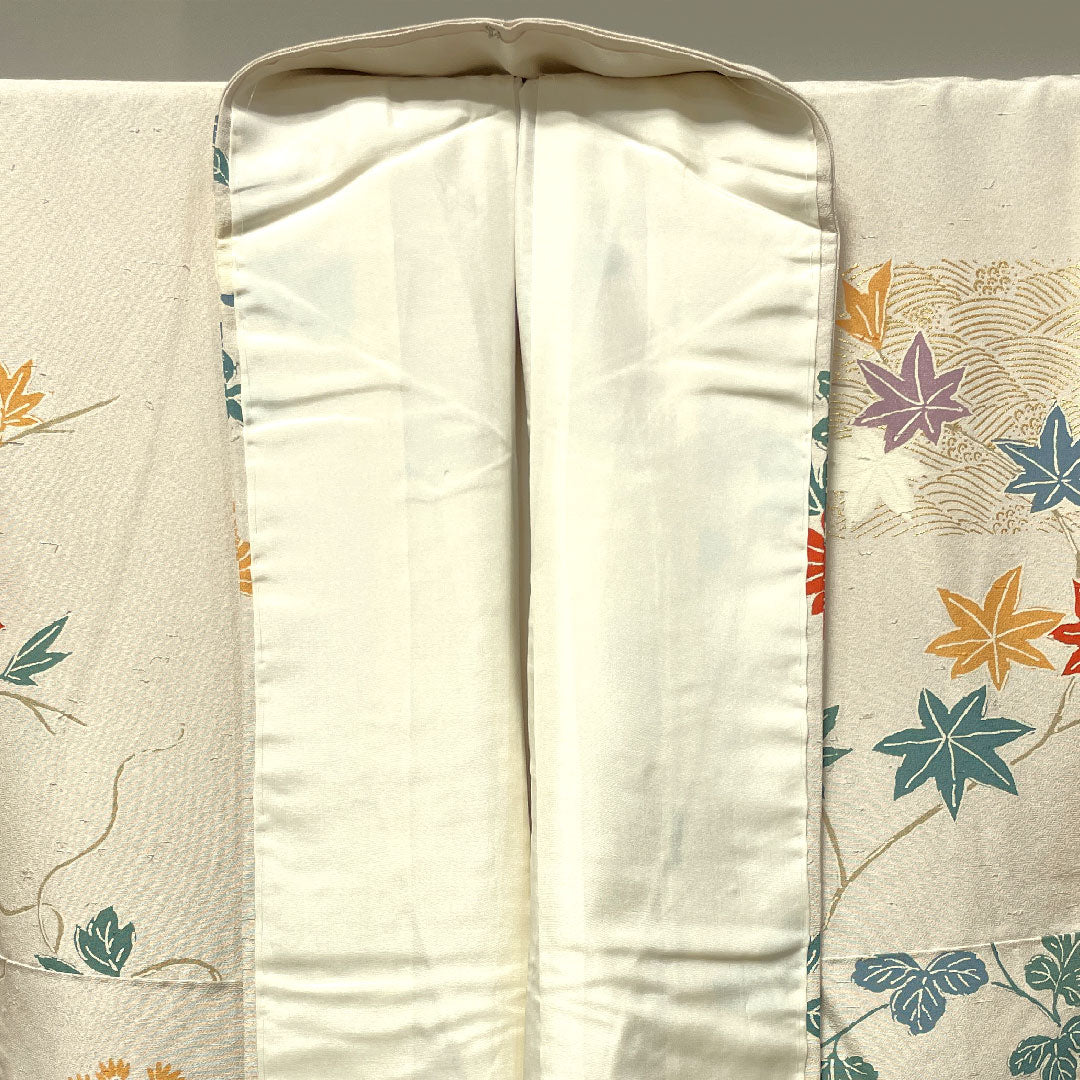 Homongi, pure silk, lined, length 155cm, sleeve length 65cm, milky white, pongee fabric, Kyoto yuzen, floral pattern, S rank, cream color, 1112003082315