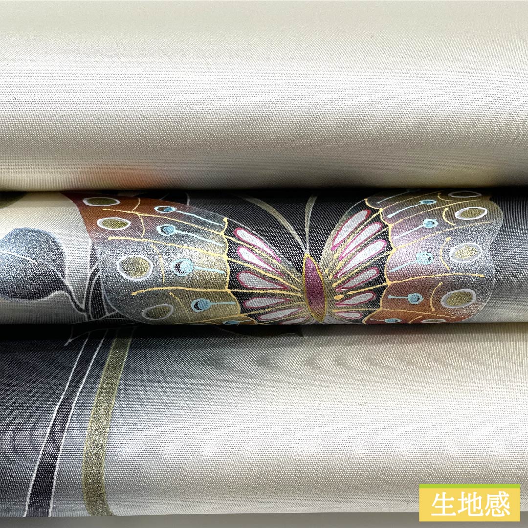 (未仕立)袋帯 正絹 胡粉色(ごふんいろ) 蝶 帯丈438cm Aランク ポイント柄 セミフォーマル 白系 1123011253311