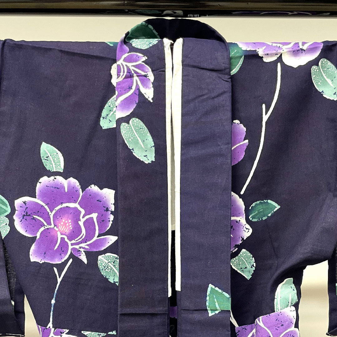 浴衣 濃紺色 山茶花 木綿 Aランク 単衣 身丈157.5cm 裄丈65.5cm 紺系 1118001953318