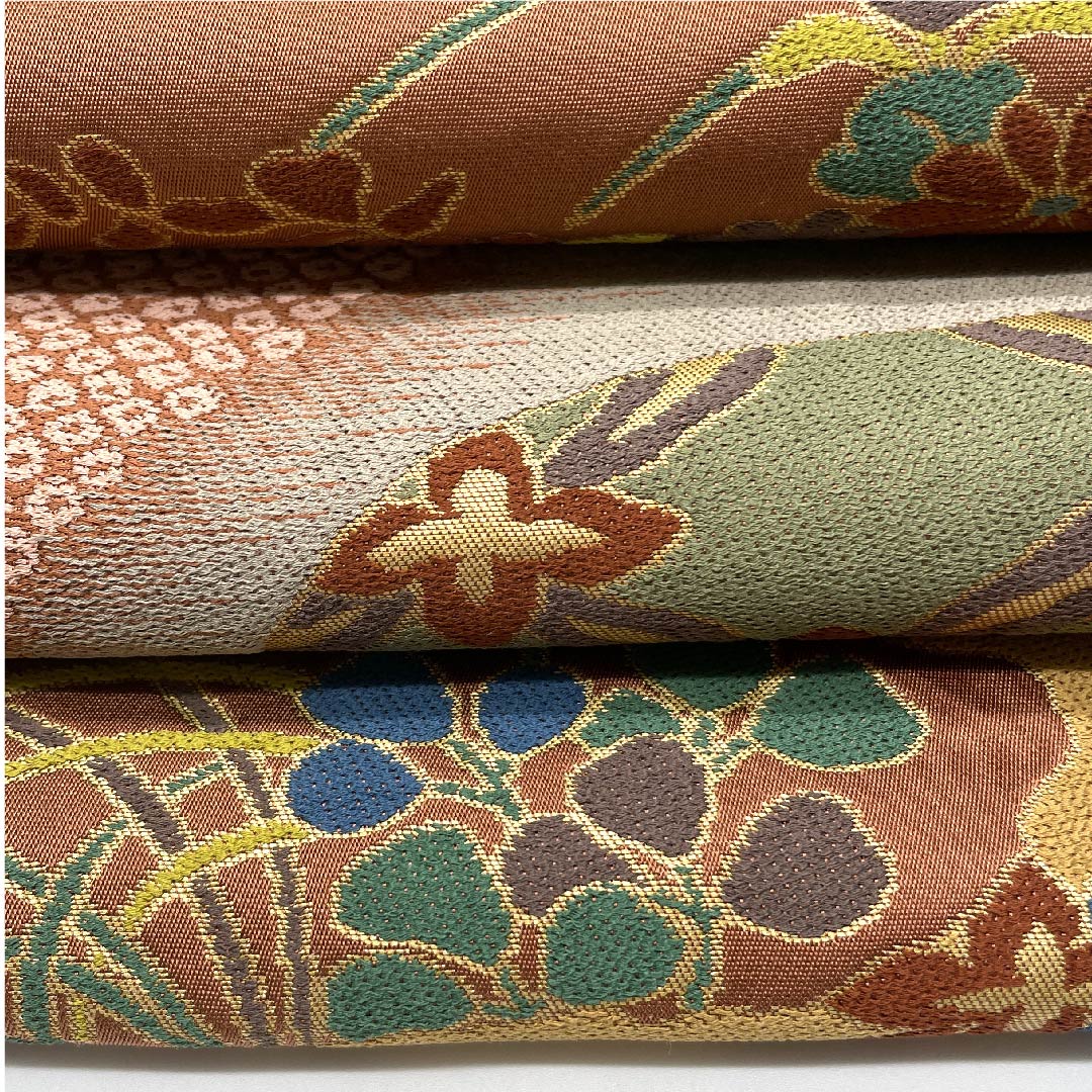 袋帯 弁柄色(べんがらいろ) 白綾苑大庭 藤 七宝 小菊 帯丈430cm 正絹 Sランク 六通 セミフォーマル グラデーション系 1123008662399