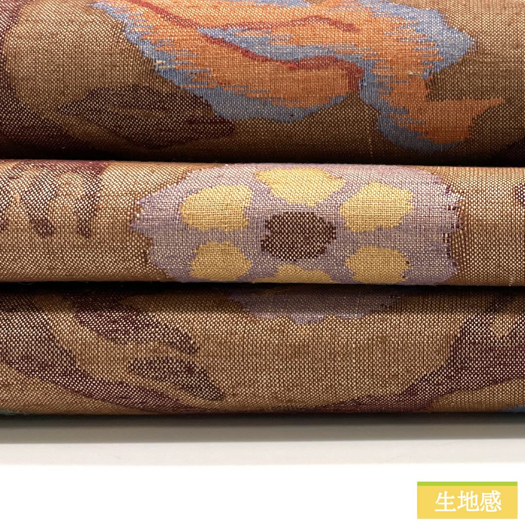 袋帯 正絹 朱度生壁色(しゅどなまかべいろ) 紬地 鳥 丸に花唐草 帯丈444cm Sランク 六通 カジュアル 茶系 1123013192314