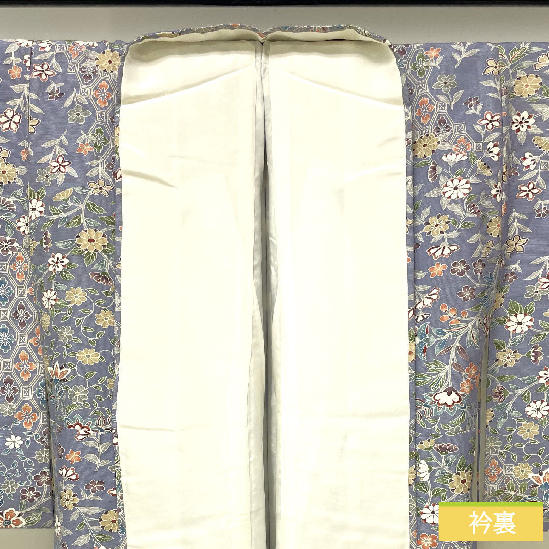 Komon, pure silk, length 159.5cm, sleeve length 62.5cm, lined, tsuruba nezumiiro (crane gray), pongee fabric, floral pattern, basting thread included, unused, S rank, purple, 1115004262320