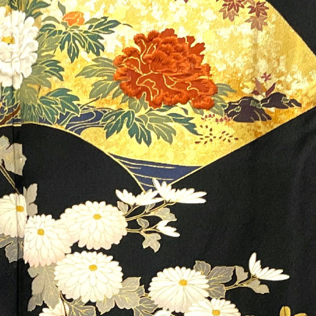 黒留袖 身丈157.5cm 裄丈61.5cm 袷 京友禅 春秋麗花図 作家物 源氏車 正絹 Aランク 五つ紋 黒系 1111000653310