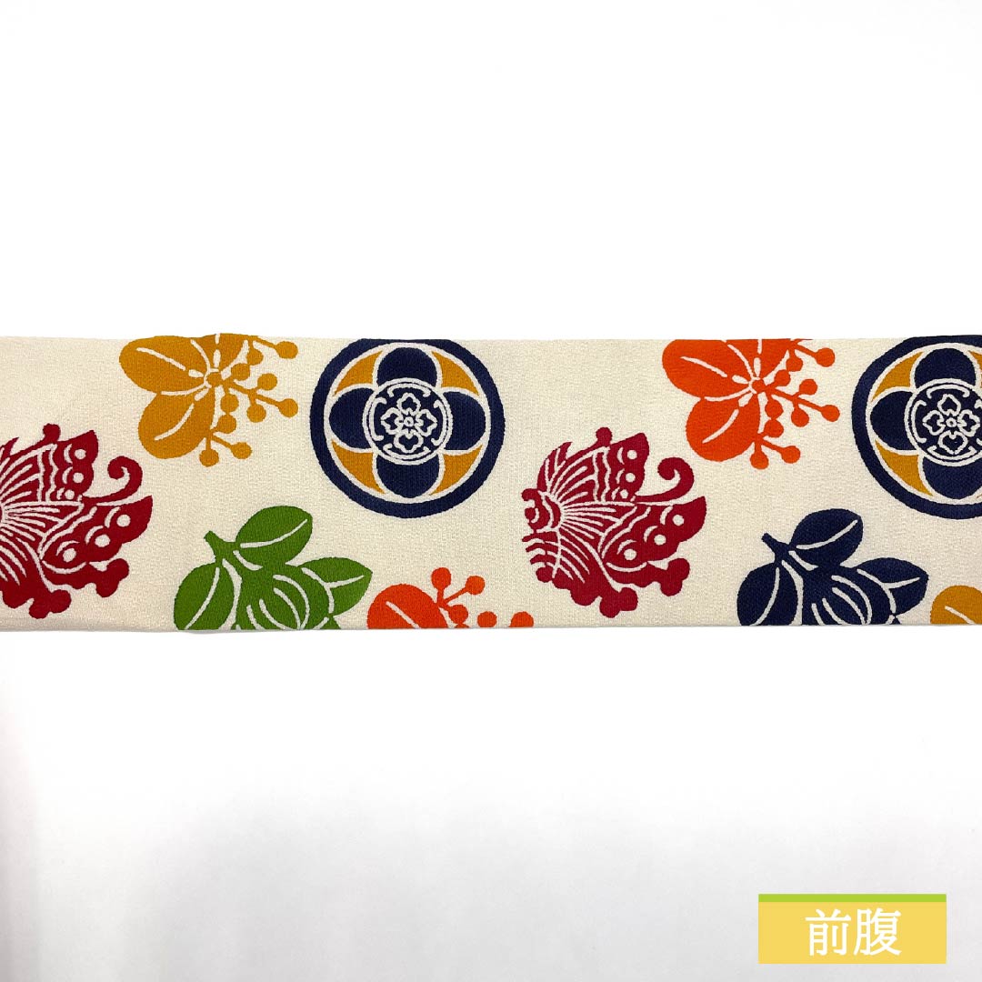 名古屋帯 胡粉色(ごふんいろ) 型染 ちりめん地 丸に紋 帯丈354cm 正絹 Aランク ポイント柄 カジュアル クリーム系 1124008163315 名古屋仕立て