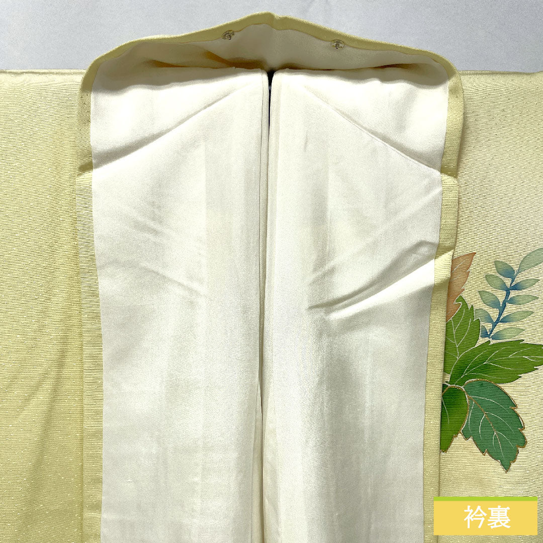 訪問着 正絹 袷 身丈156.5cm 裄丈63cm 淡黄色(たんこうしょく) 京友禅 草花模様 Aランク 黄系 1112005393323